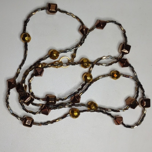 Copper Metallic Sparkling Faceted Square, Round, Cone Beaded 34" Necklace - Picture 2 of 6